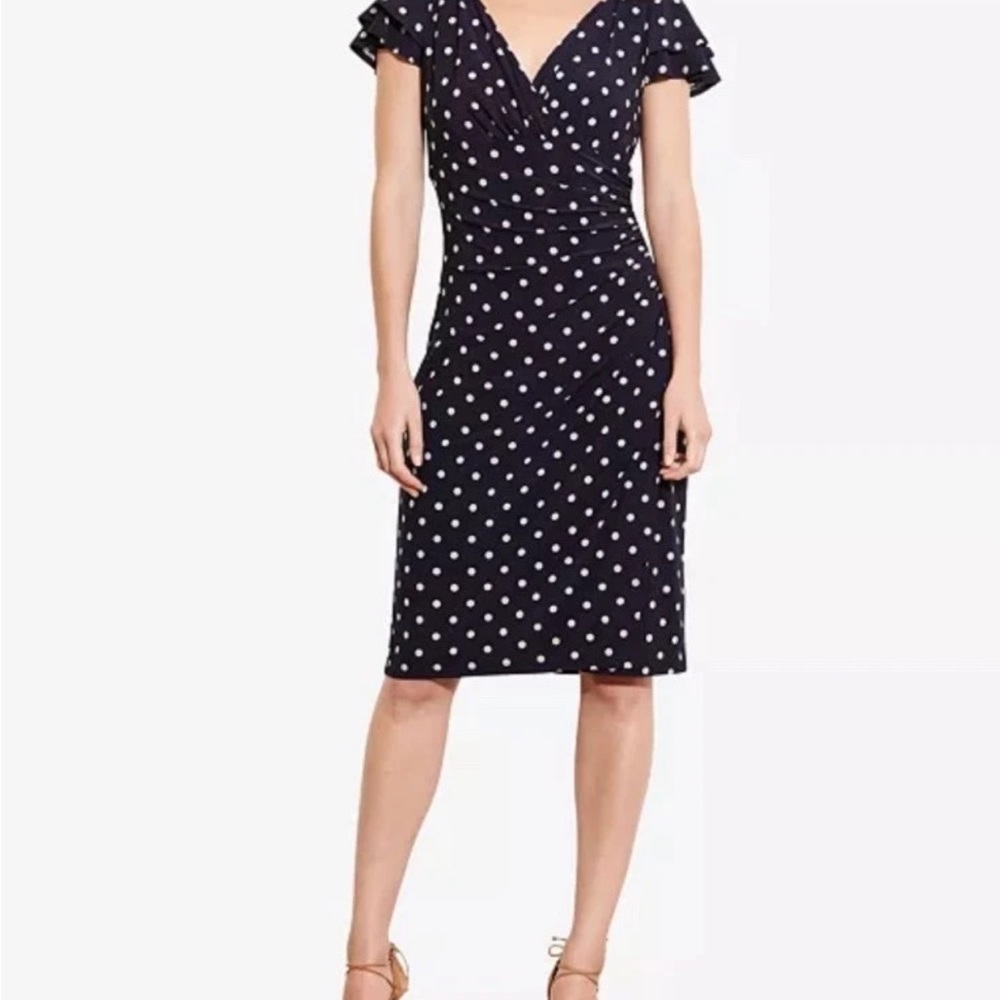 Ralph Lauren Polka Flutter Sleeve Dress Sz 14W Slimming Ruched Waist